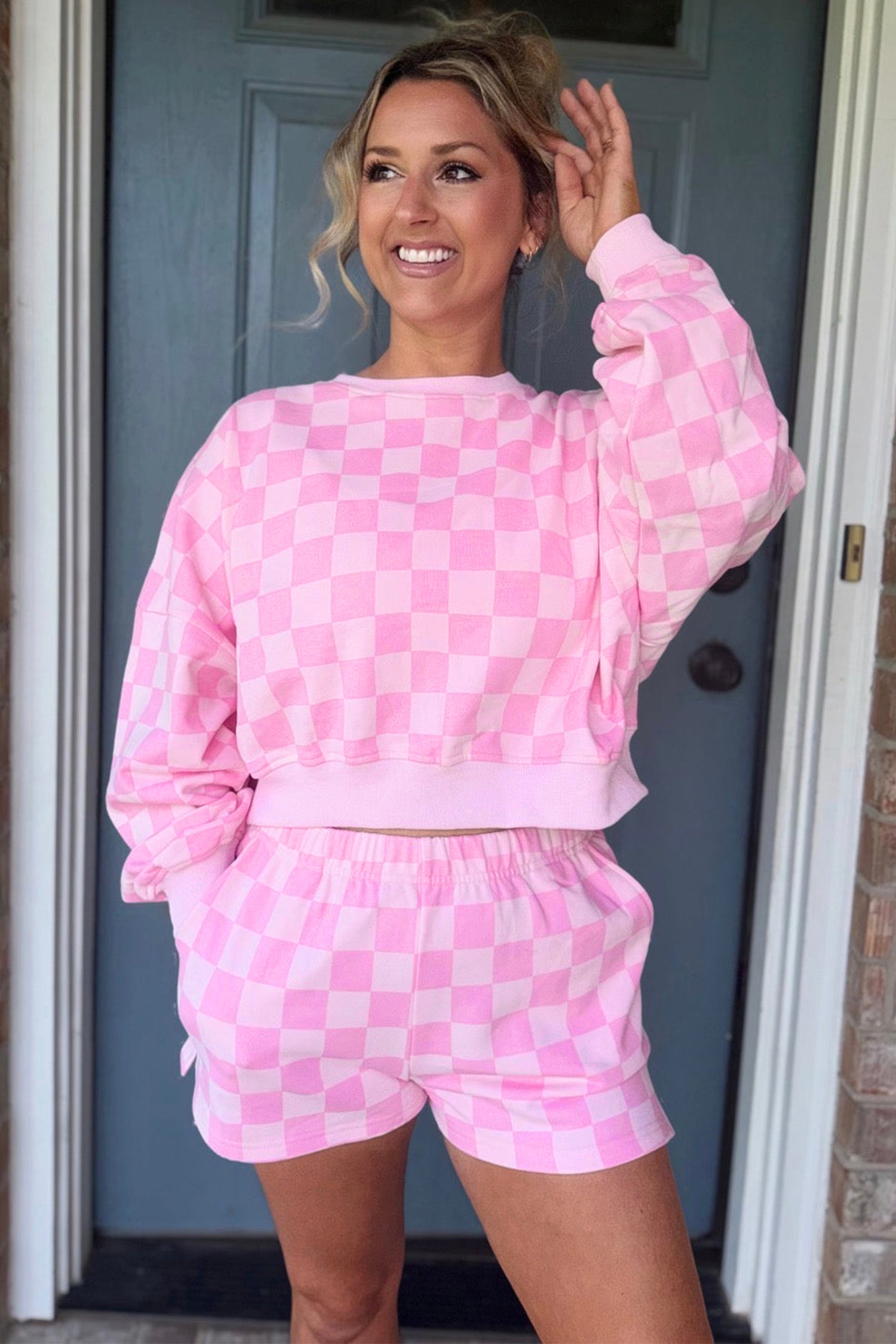 Dark Blue Plaid Checkered Long Sleeve Crop Top Elastic Waist Shorts Two Piece Set