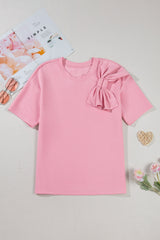 Pink Bow Applique Solid Color Sweet T-shirt
