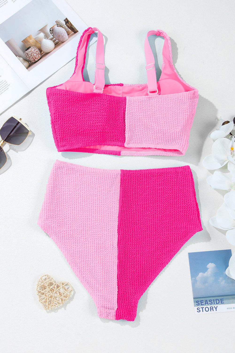 White Corded Colorblock Square Neck Bikini Swimsuit