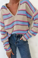Apricot Stripe Collared V Neck Drop Shoulder Loose Sweater