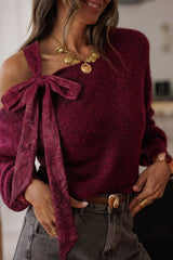 Burgundy Lace Bowknot Asymmetric Neck Sweater