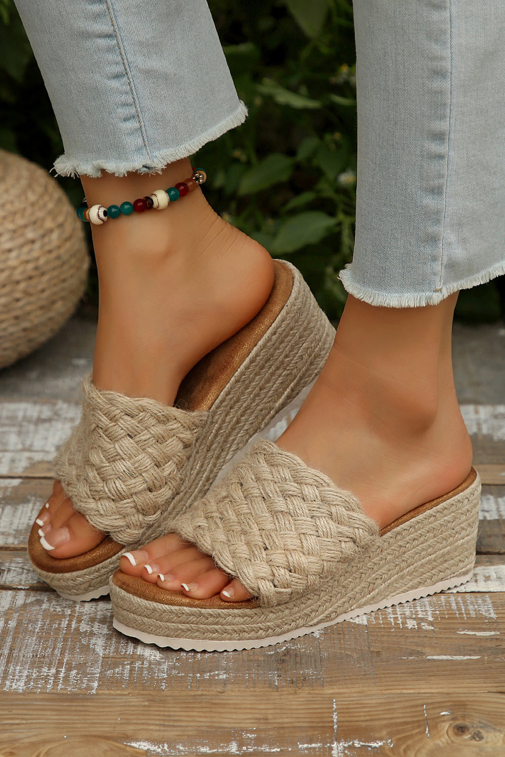 White Boho Woven One Band Wedge Slippers