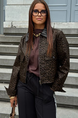 Multicolour Leopard Print Colorblock Collar Metal Placket Jacket