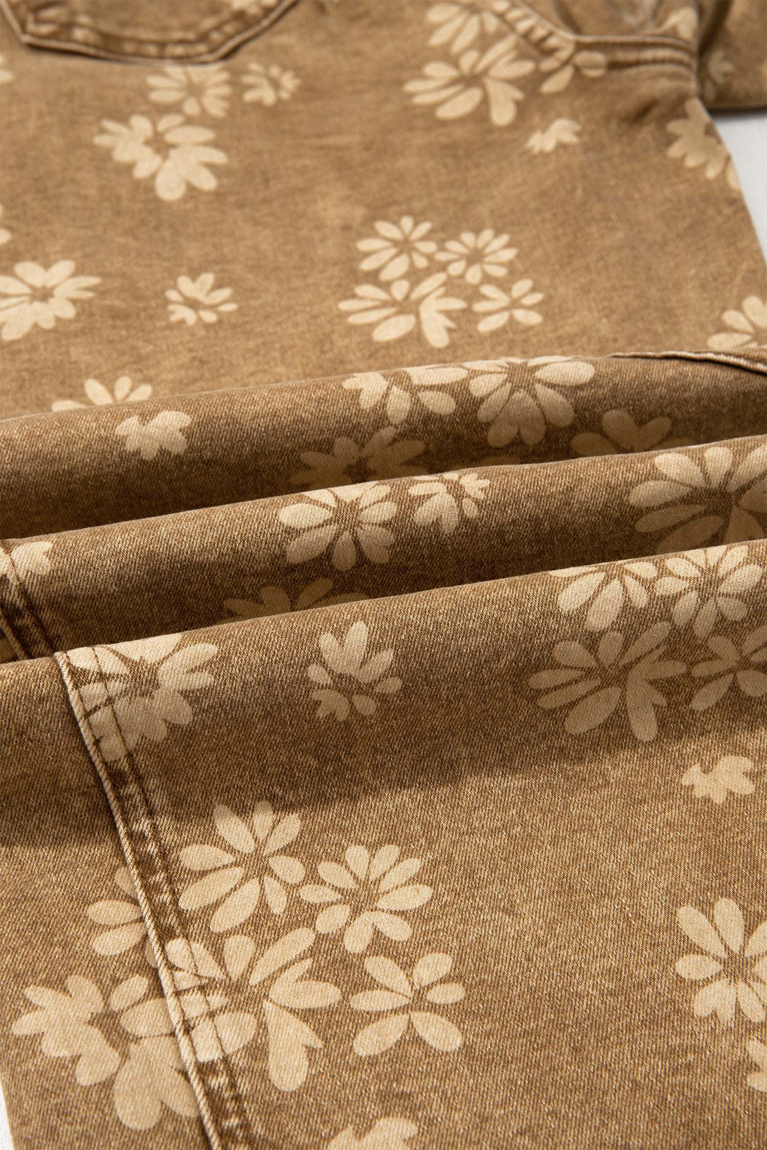 Khaki Floral Print Metal Button Pleated Straight Leg Jeans