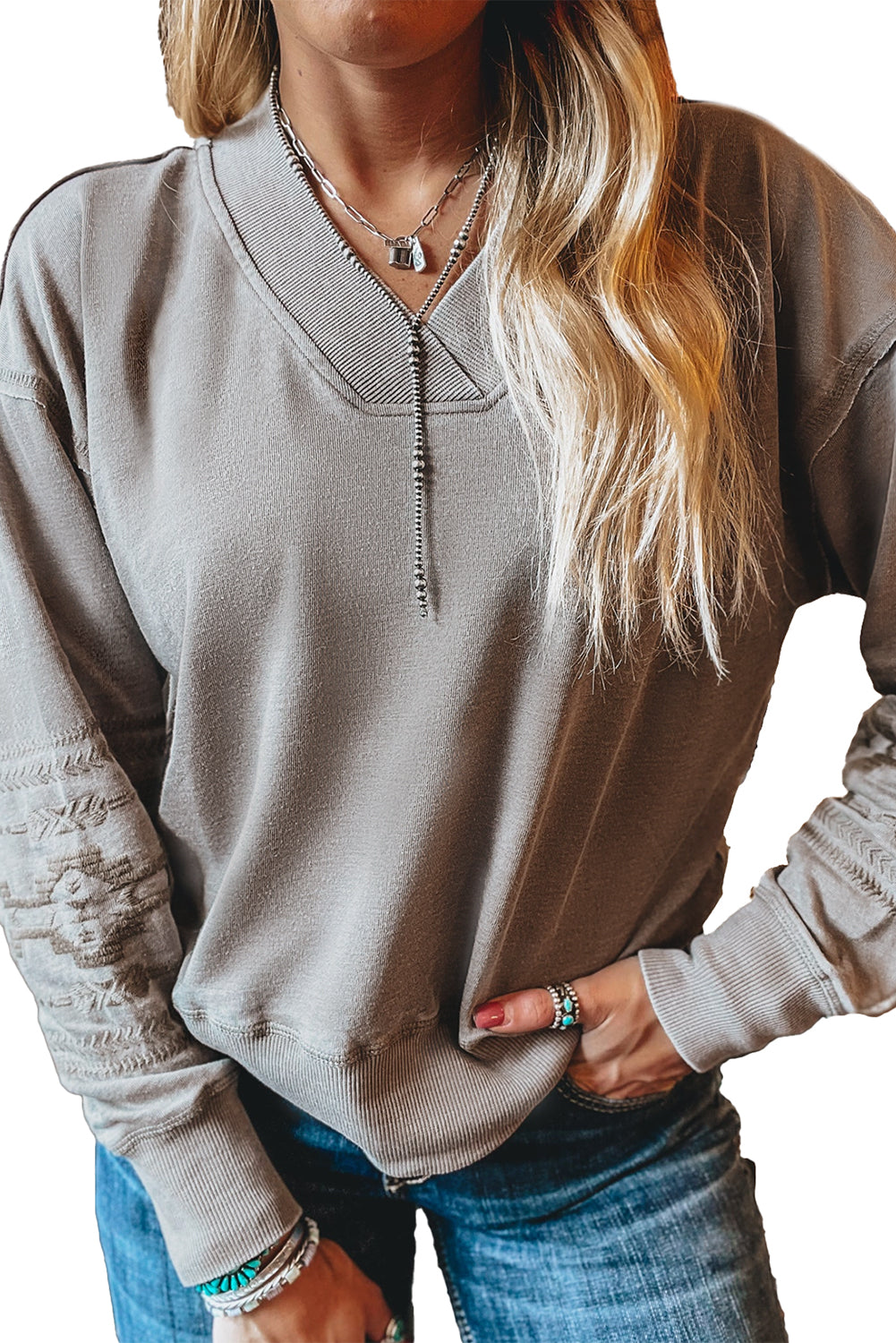 Parchment Geometric Embroidered V Neck Sweatshirt