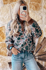 Multicolour Retro Camouflage Pattern Color Block Detail Button Pullover Sweatshirt
