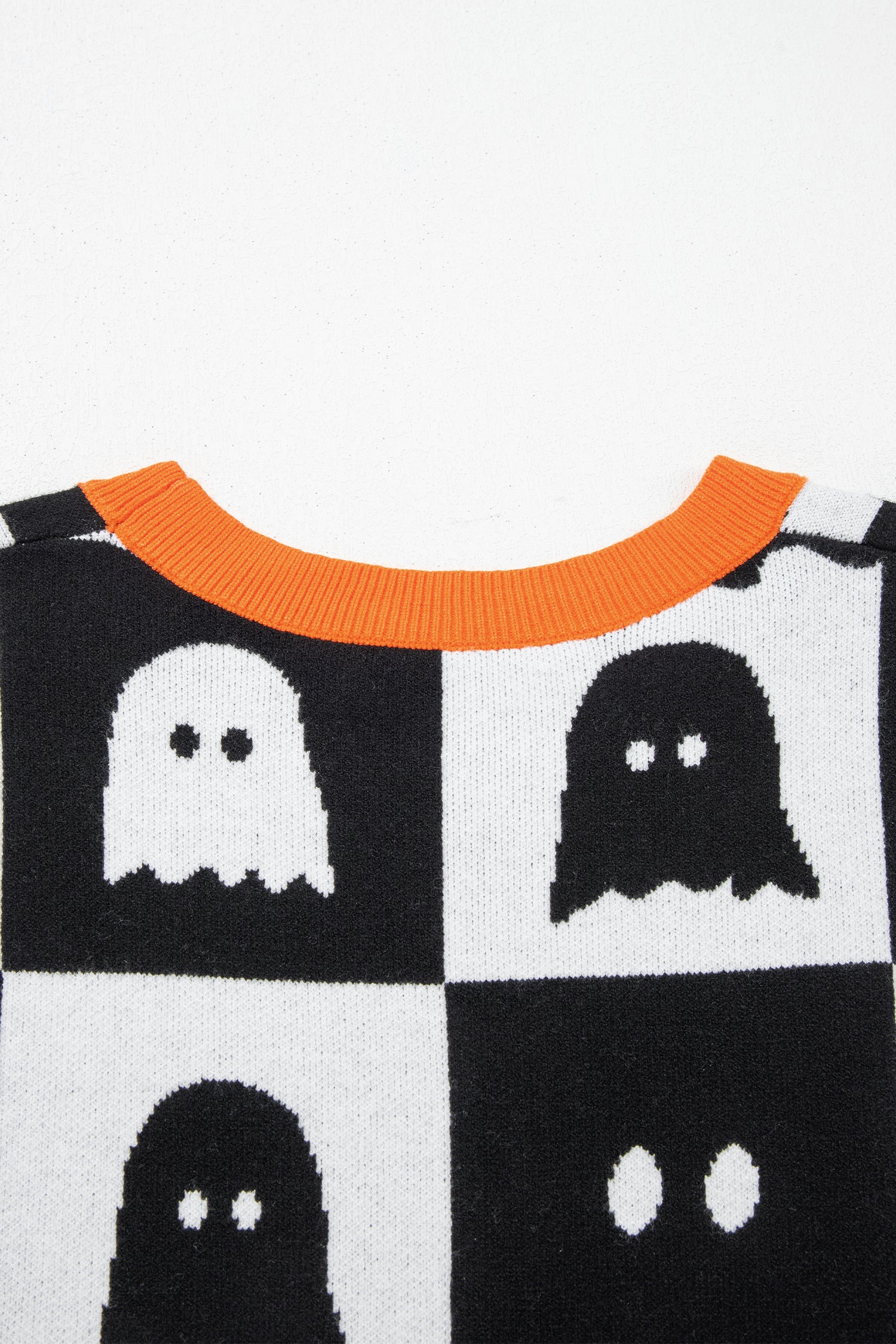 White Geometric Ghost Color Block Trim Short Sleeve Knit Sweater