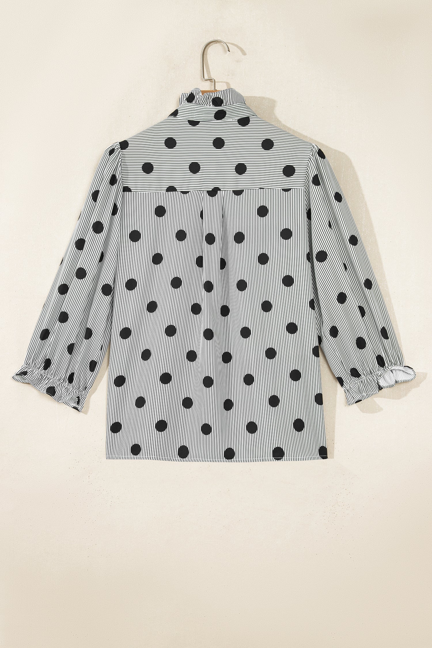 Black white Polka Dot Striped Print Ruffle Stand Neck 3/4 Sleeve Shift Shirt