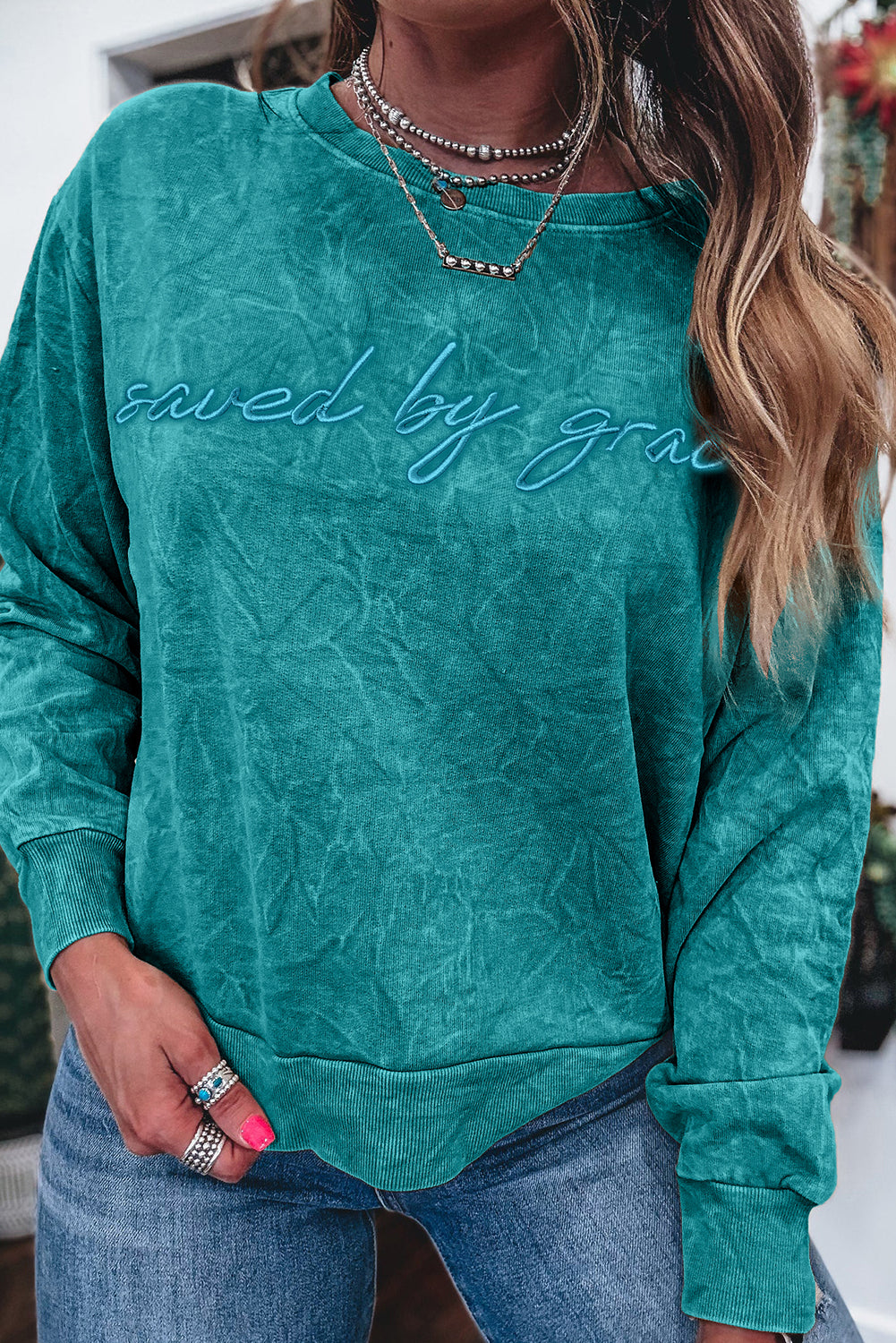Sea Green  saved by grace Letter Embroidery Mineral Wash Loose Sweatshirt