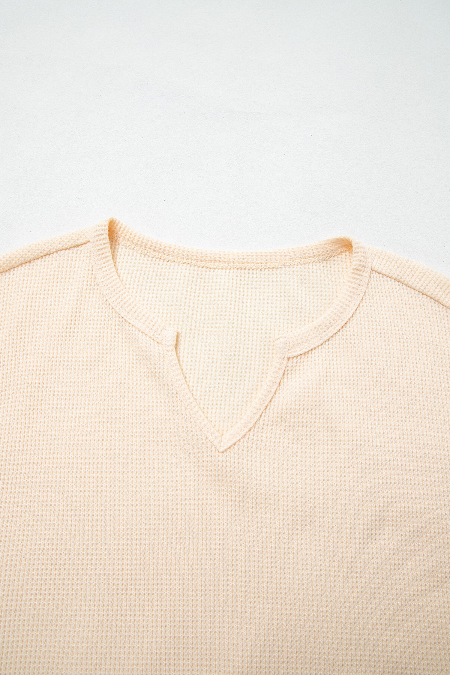 Beige Waffle Textured V Neck Plaid Colorblock Drop Shoulder Long Sleeve Top