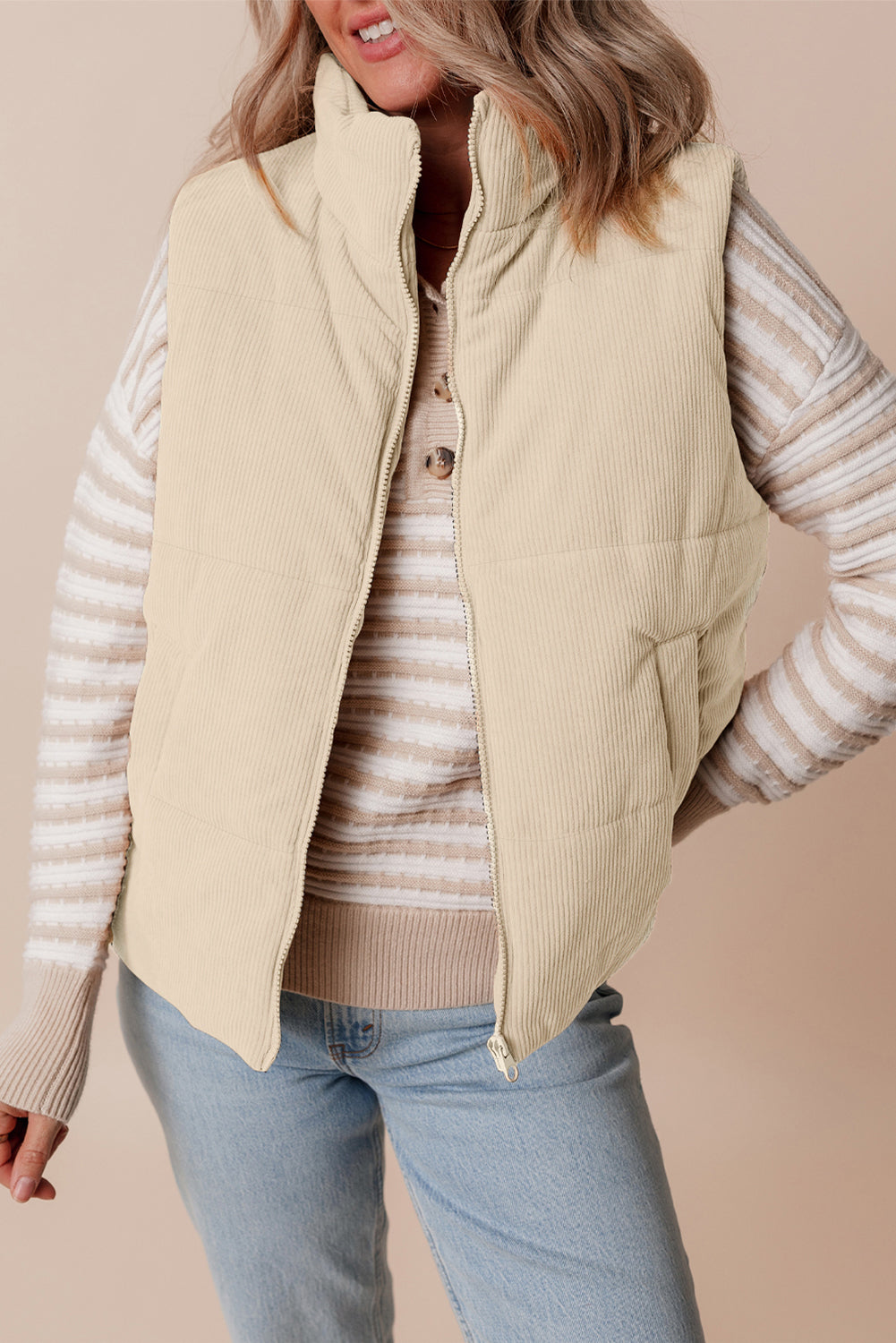 Apricot Pink Corduroy Stand Neck Zipped Puffer Vest