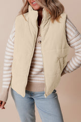 Apricot Pink Corduroy Stand Neck Zipped Puffer Vest