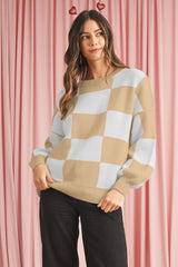 Khaki Plaid Bishop Sleeve Pullover Sweater