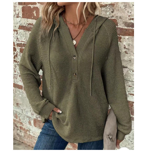 Solid Color Hooded Button Loose Long Sleeve Sweatershirt