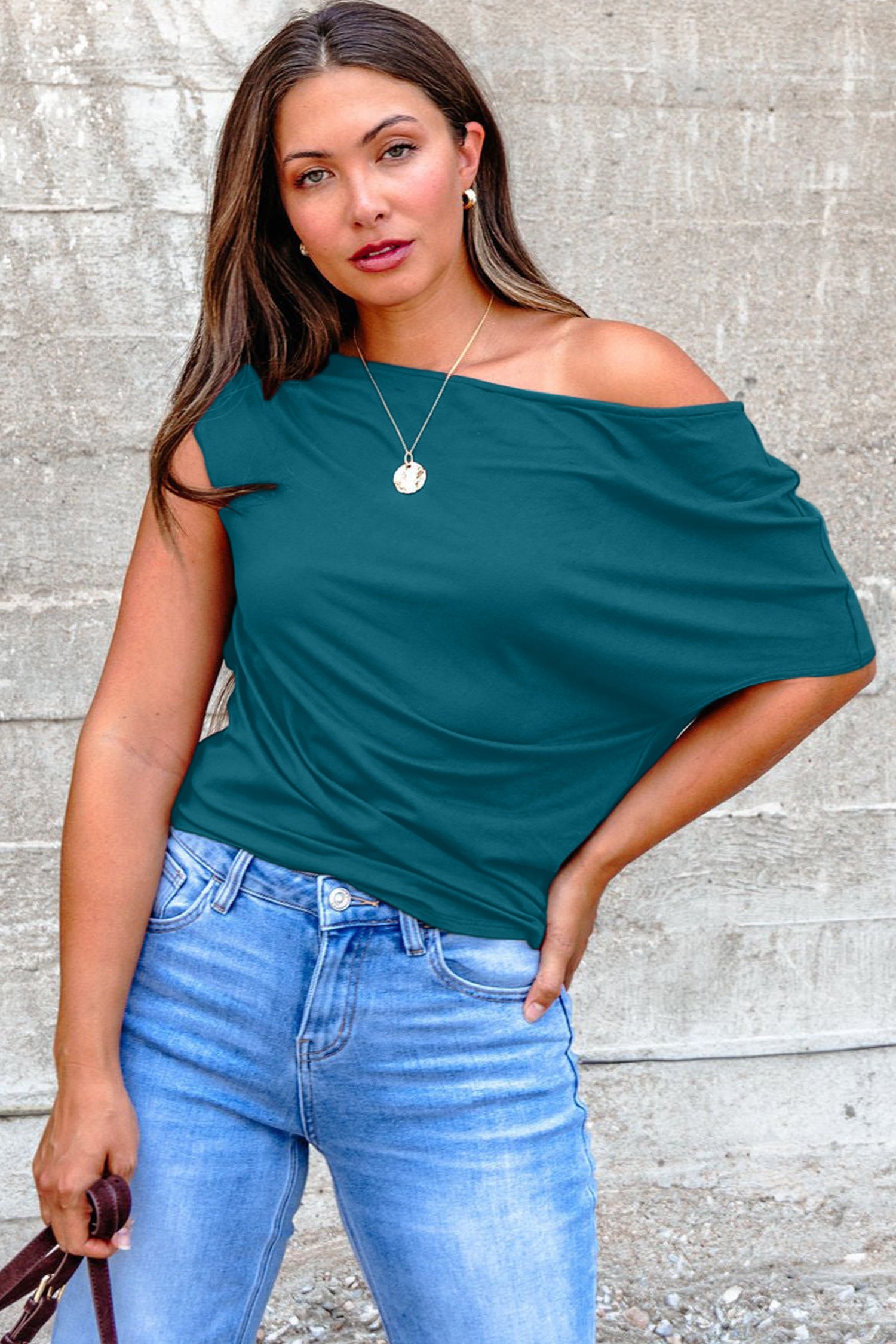 Burgundy Plus Size Solid Color Asymmetric Neck Short Sleeve Blouse