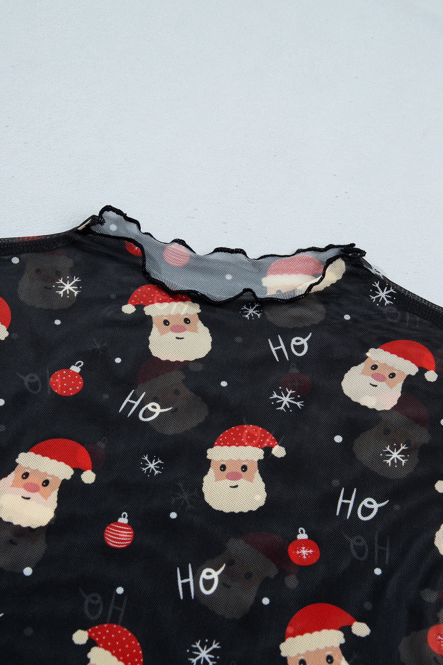 Black Santa Print Sheer Stand Neck Long Sleeve Top