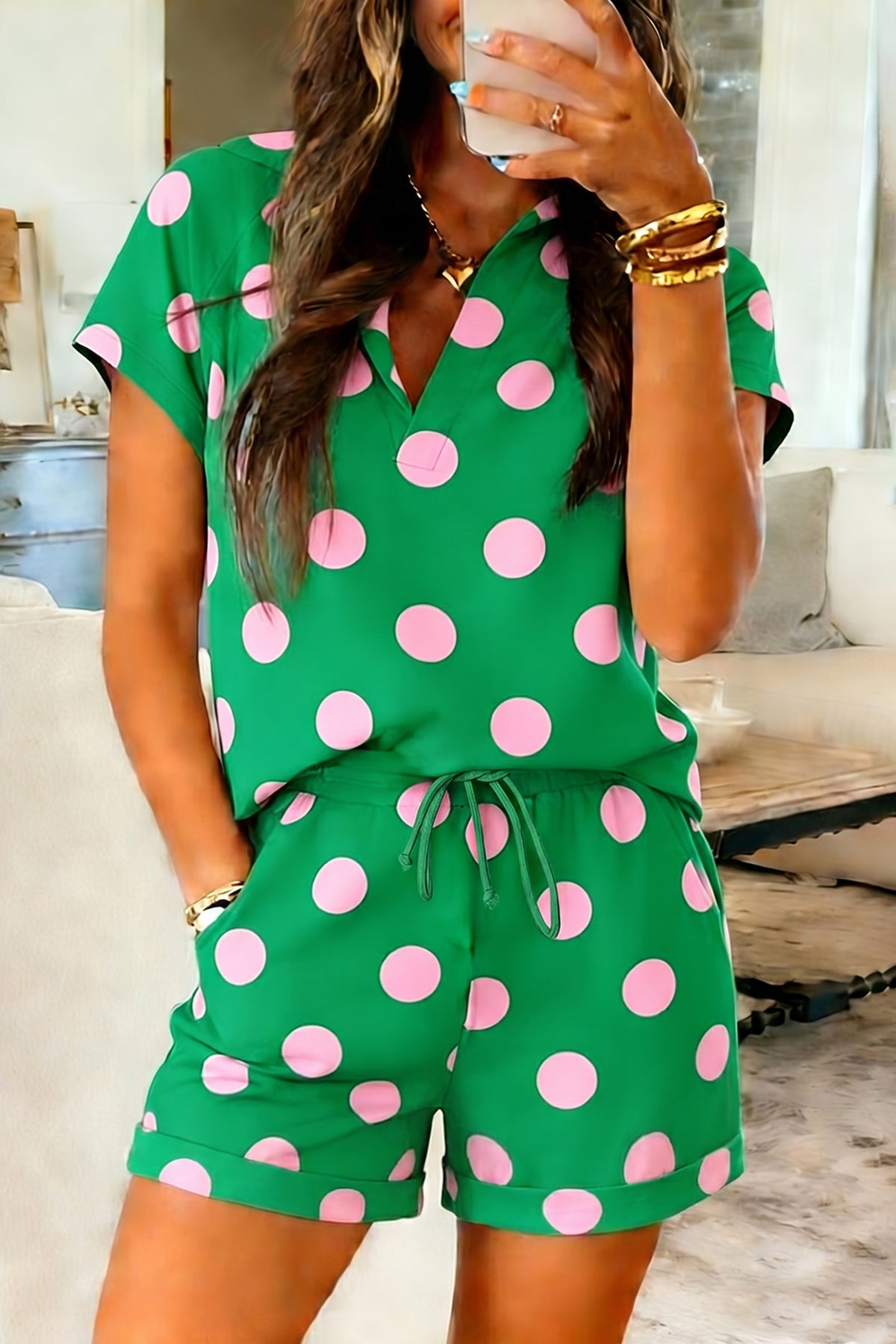 Green Polka Dot Print V Neck Tee Short Set