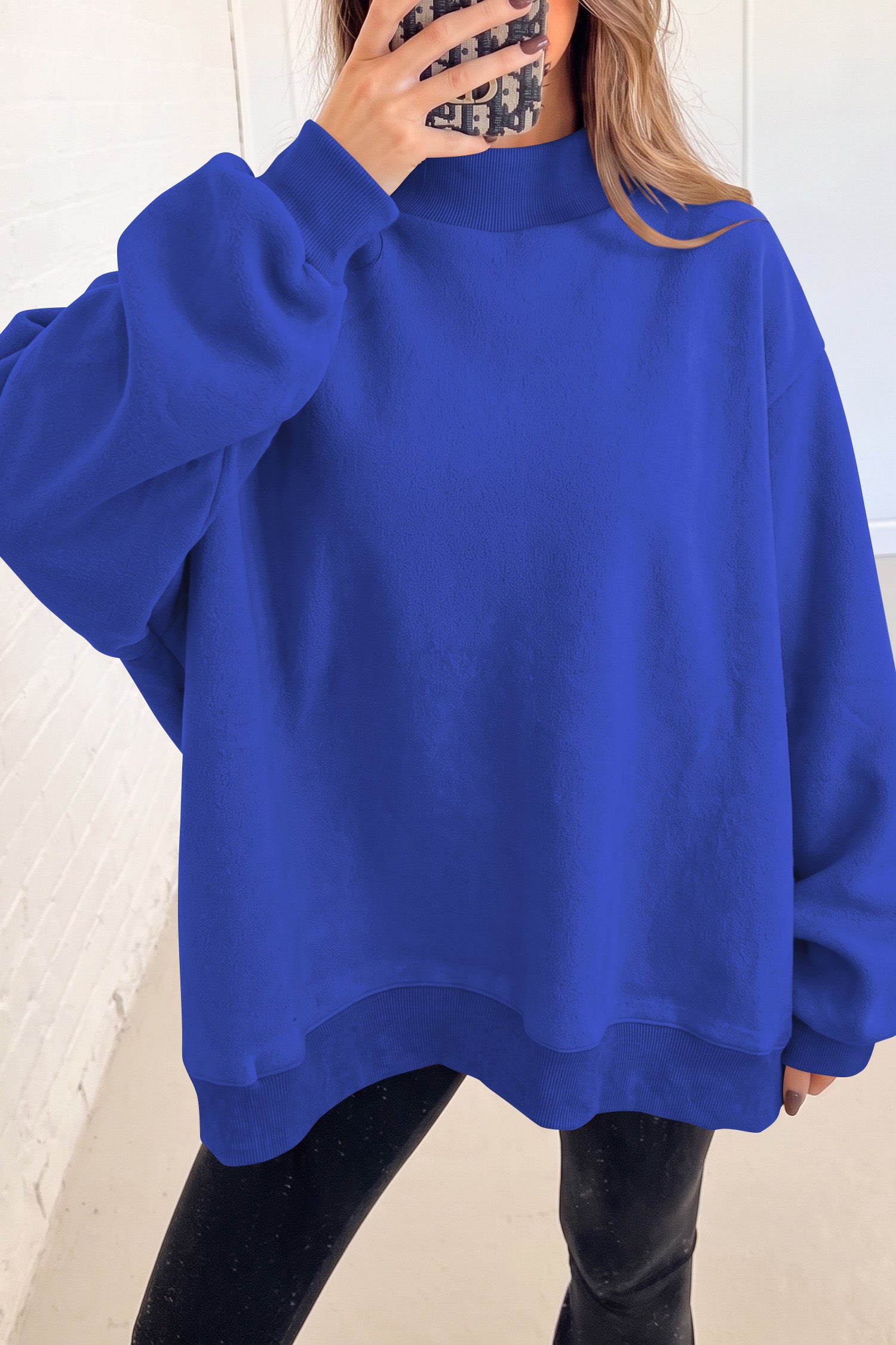 Black Oversize Drop Shoulder Reversible Mock Neck Sweatshirt