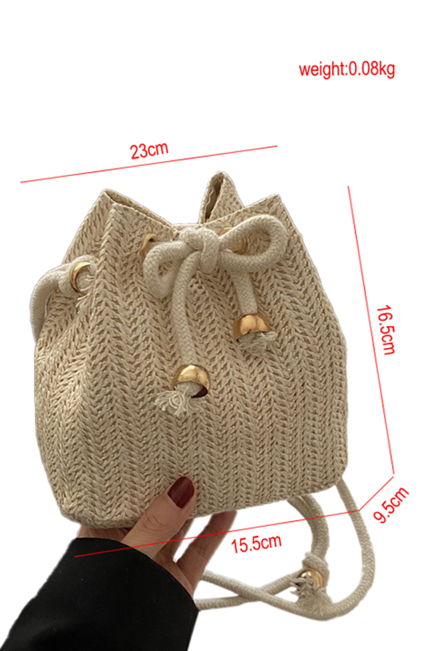 White Boho Straw Woven Drawstring Closure Mini Bucket Bag