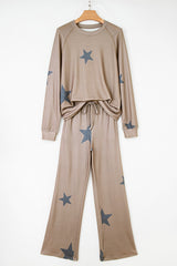 Khaki Retro Star Print Loose Long Sleeve Drawstring Wide Leg 2pcs Lounge Set