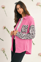 Rose Red Leopard Patchwork Twisted Ribbed Casual Shacket