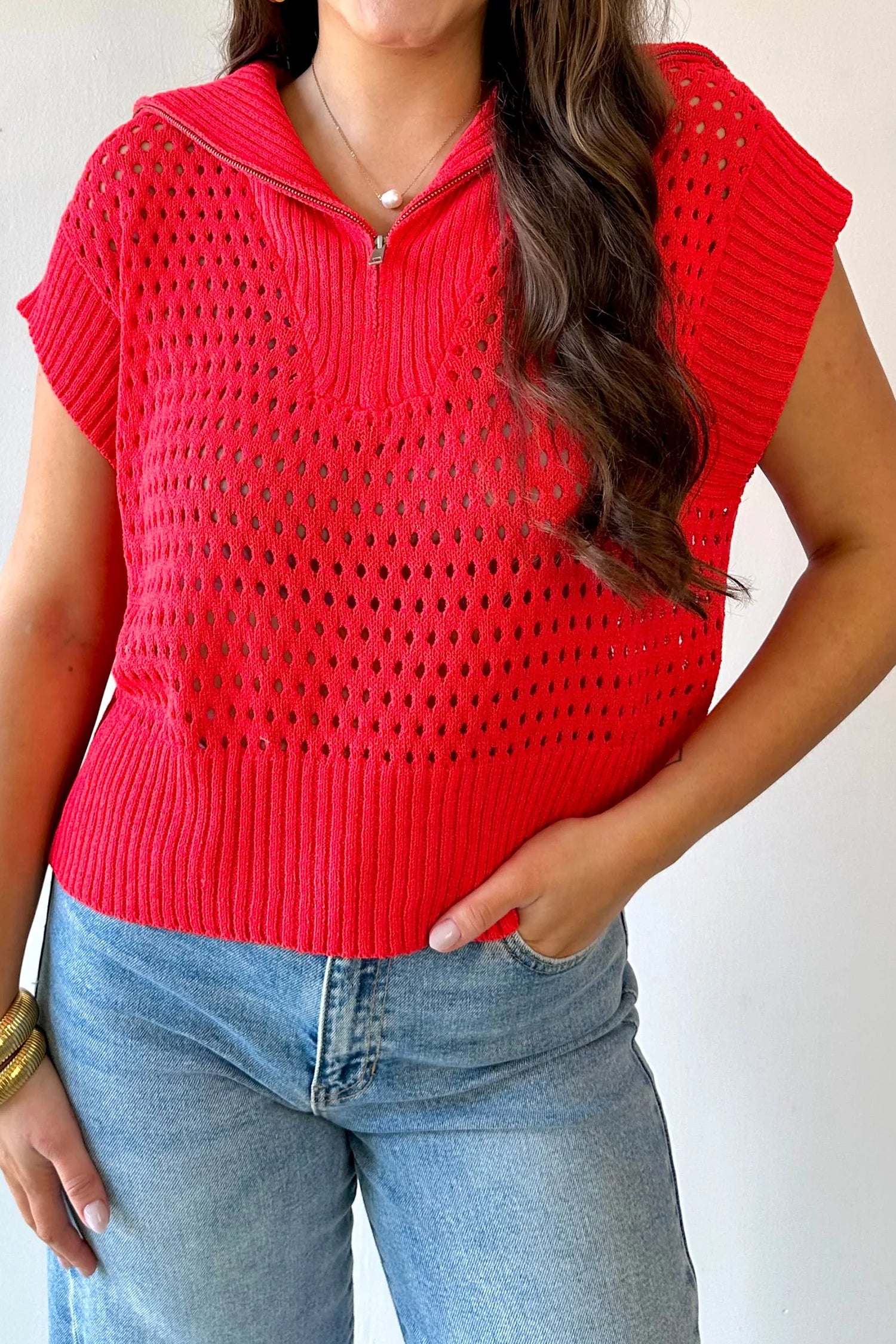 Yellow Solid Color Hollowed Knit Short Sleeve Zipper Collar Knitwear Top