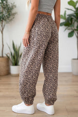 Khaki Leopard Print Elastic Waist Ankle Length Pants