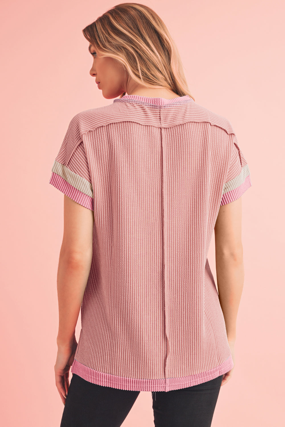 Light Pink Textured Colorblock Round Neck T Shirt