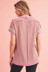 Light Pink Textured Colorblock Round Neck T Shirt