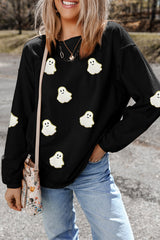 Black Oversized Ghost Print Pullover Corded Sweatshirt