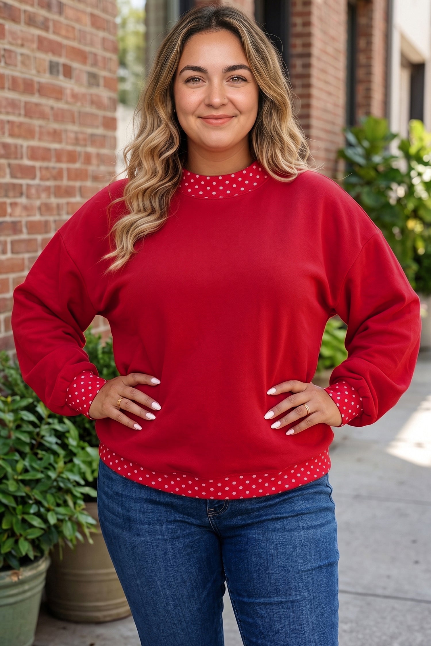 Dark Green Polka Dot Patchwork Round Neck Plus Size Sweatshirt