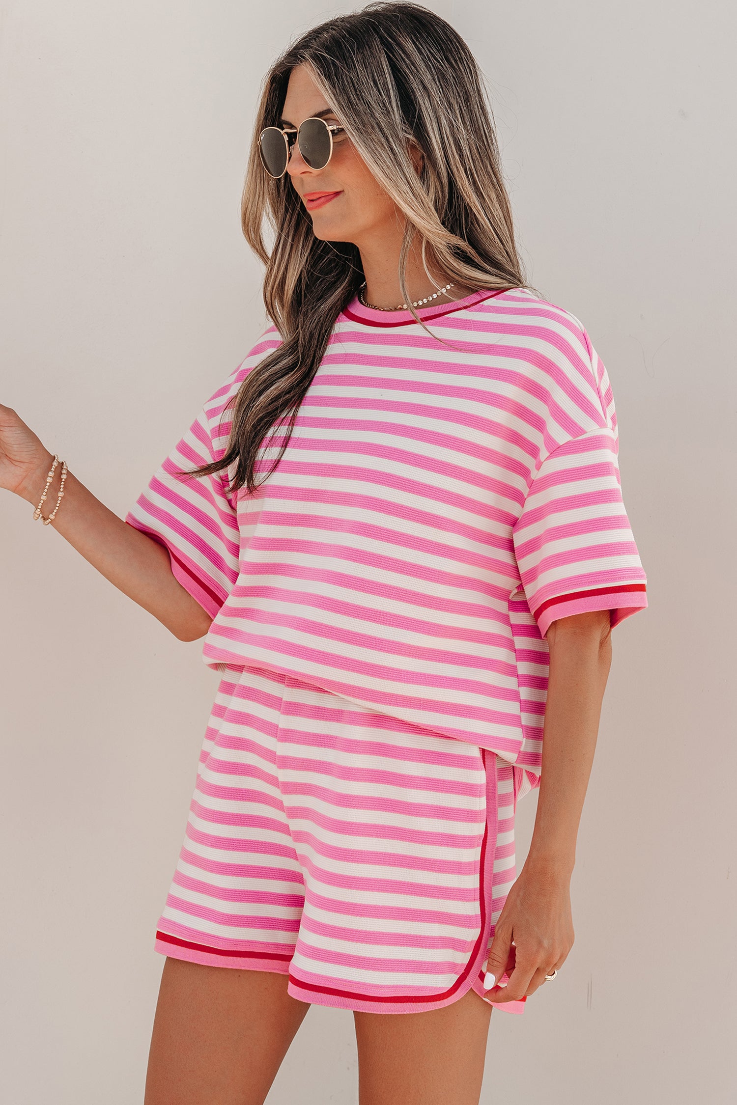 Pink Stripe Contrast Trim Short Sleeve Top Loose Shorts 2pcs Casual Outfit