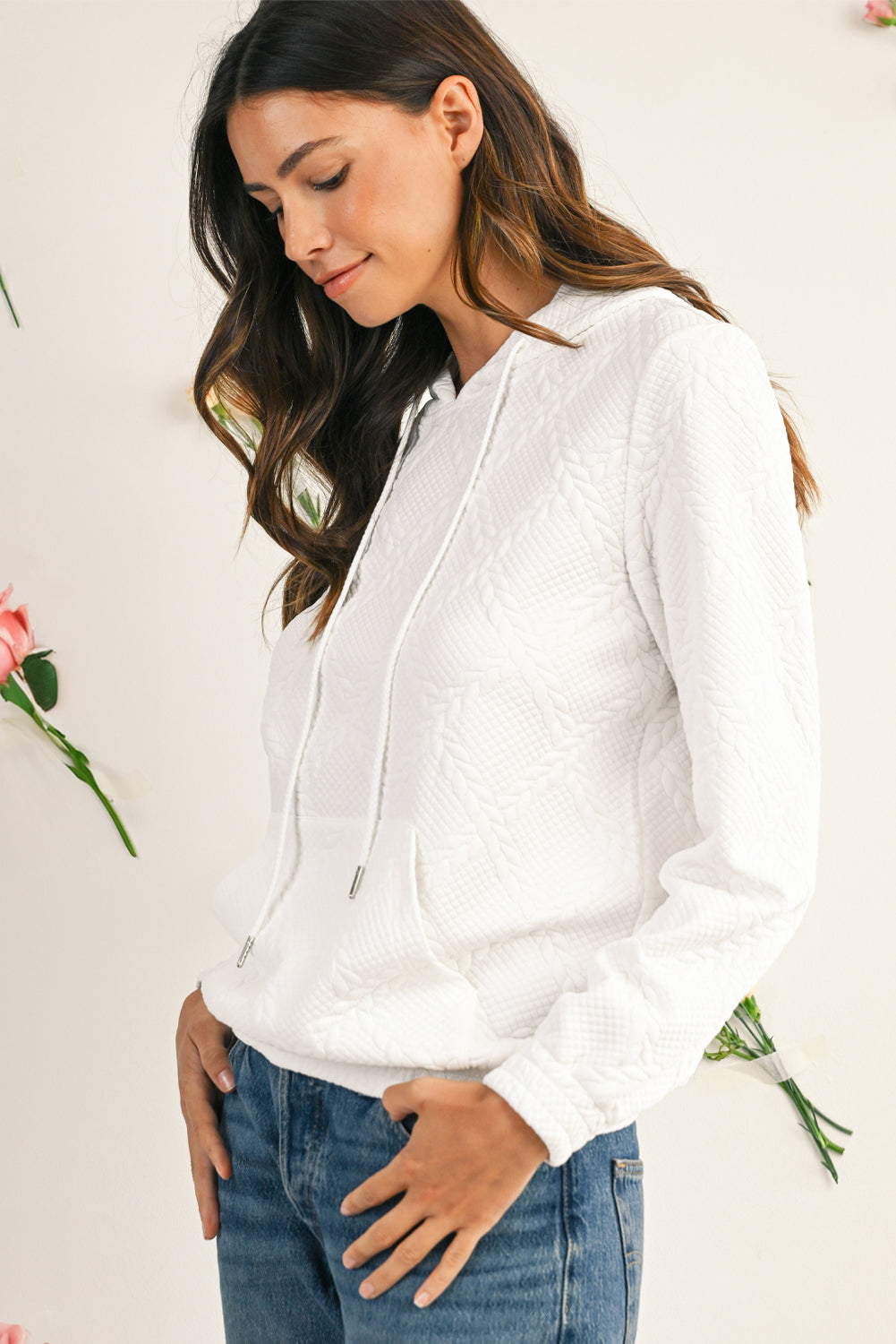 White Lattice Texture Kangaroo Pocket Hoodie