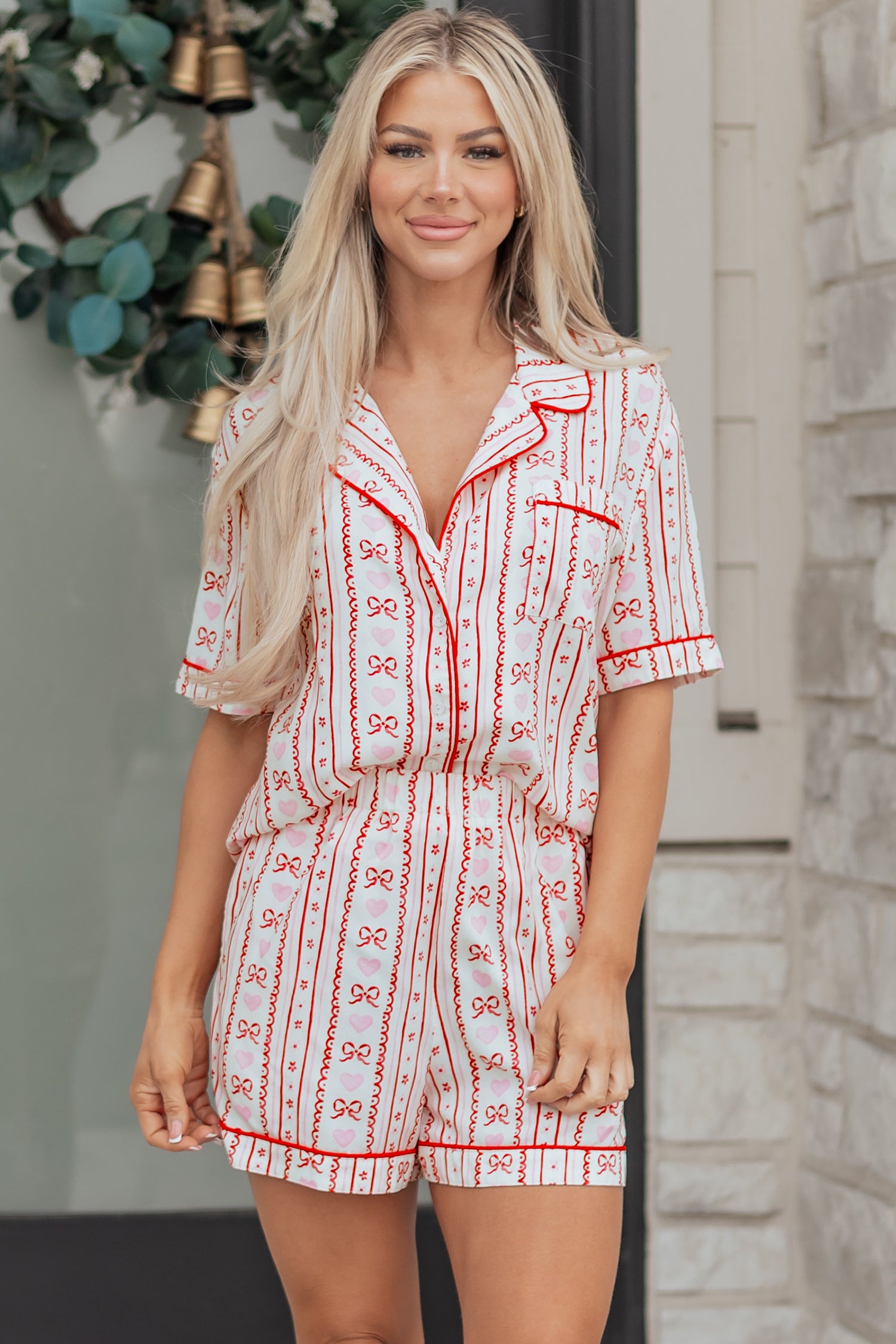 Red Cute Bow Heart Print Ribbon Decor Short 2pcs Pajama Set