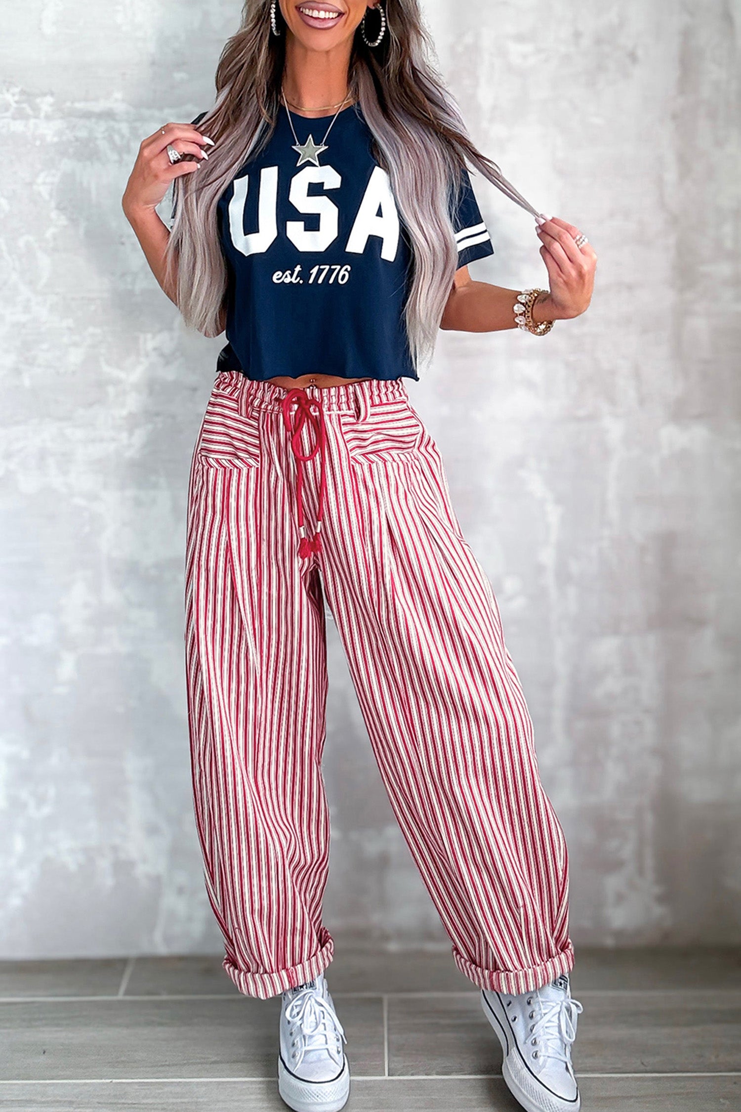 Red Stripe Drawstring Casual Loose Pants