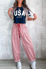 Red Stripe Drawstring Casual Loose Pants