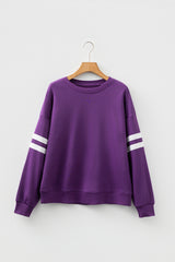 Tillandsia Purple Preppy Striped Sleeve Loose Sweatshirt