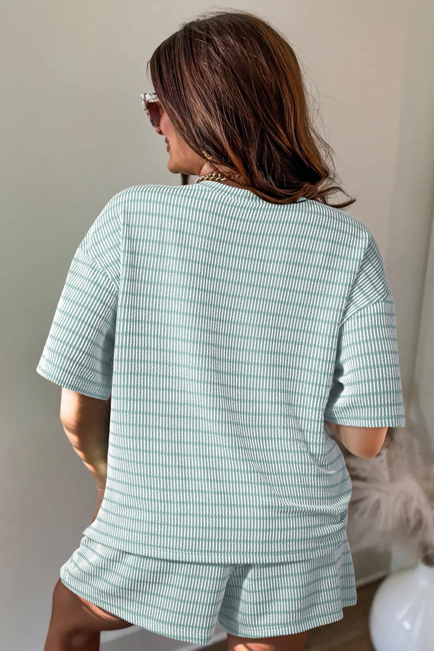 Khaki Stripe Raised Rib Loose Tee Drawstring Elastic Waist 2pcs Short Set