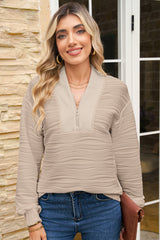 Parchment Solid Color Zipper V Neck Pullover Sweatshirt