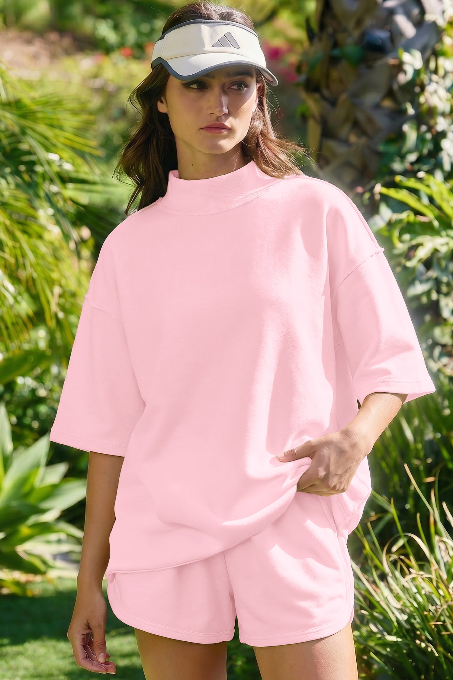 Mist Blue Solid Color Exposed Seam Mock Neck Oversize Tee Casual Shorts 2pcs Outfit