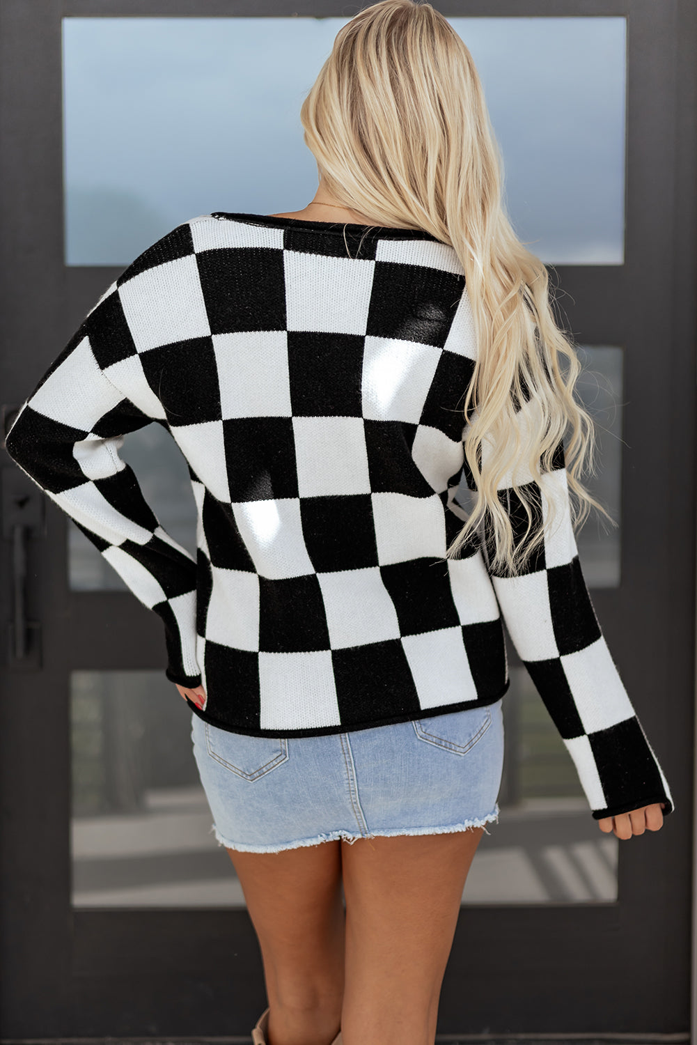 Green Checked Notched Neckline Drop Shoulder Knit Sweater