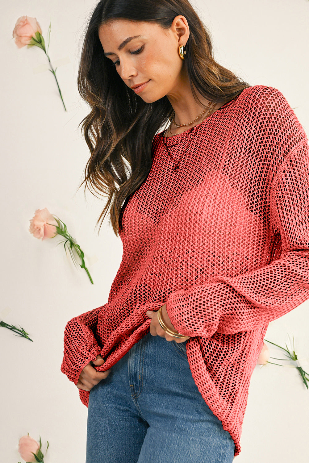 Smoke Gray Crochet Hollow-out Knit Sweater