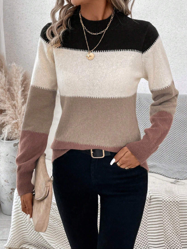 Contrast Color Pullover Round Neck Knitwear Casual Sweater