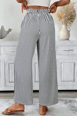 Black Stripe Tied High Waist Loose Straight Casual Pants