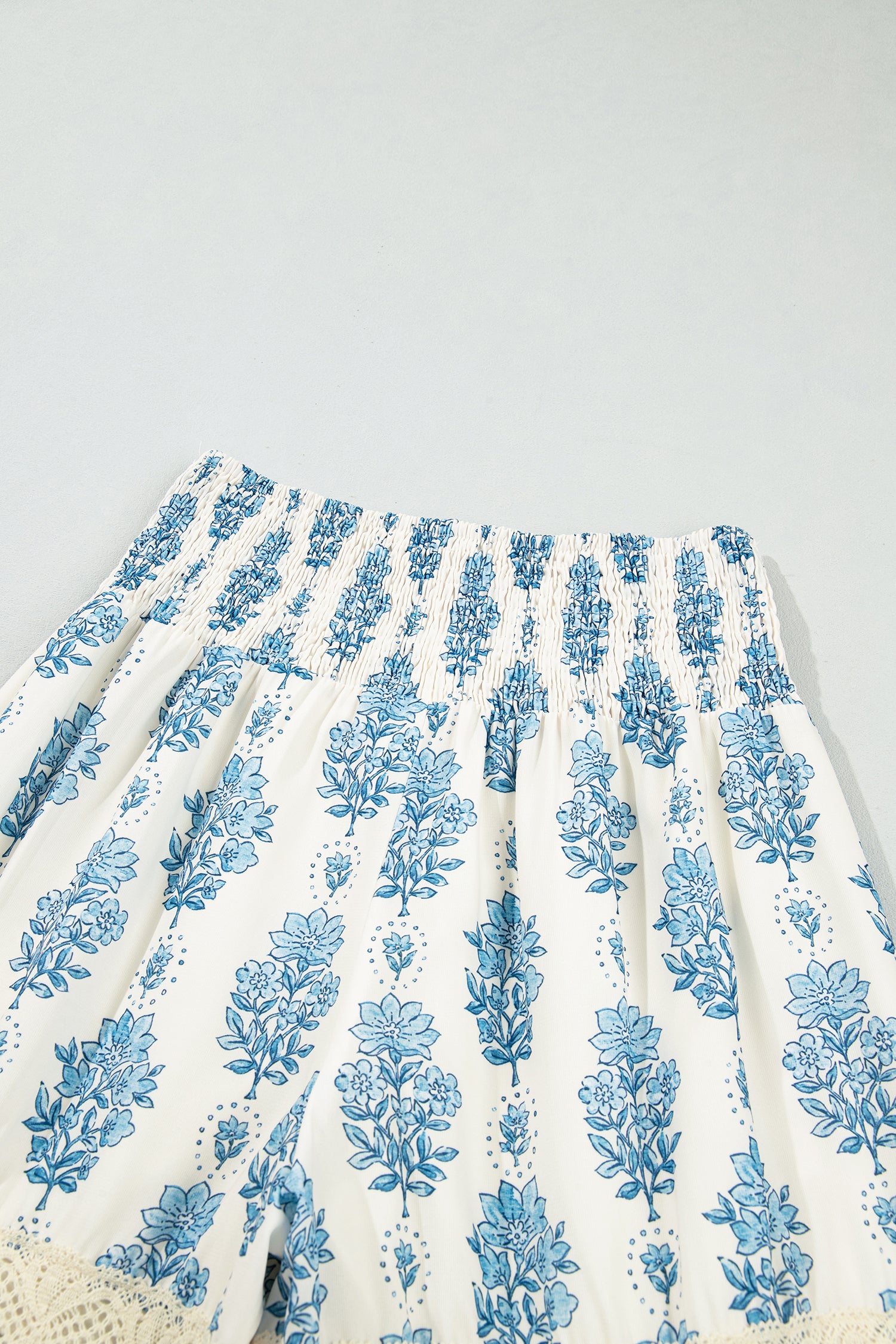 Sky Blue Floral Print Lace Patchwork Detail Wide Leg Pants