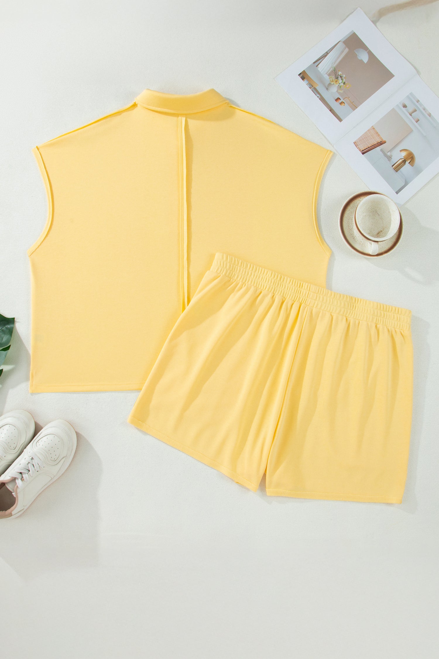 Yellow Cream Solid Color Polo Tee Elastic Waist Shorts Plus Size Outfit