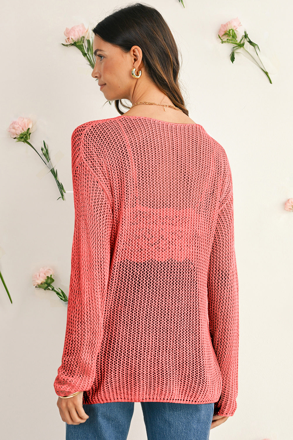 Smoke Gray Crochet Hollow-out Knit Sweater