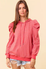 Red Striped Puff Sleeve Drawstring Hoodie