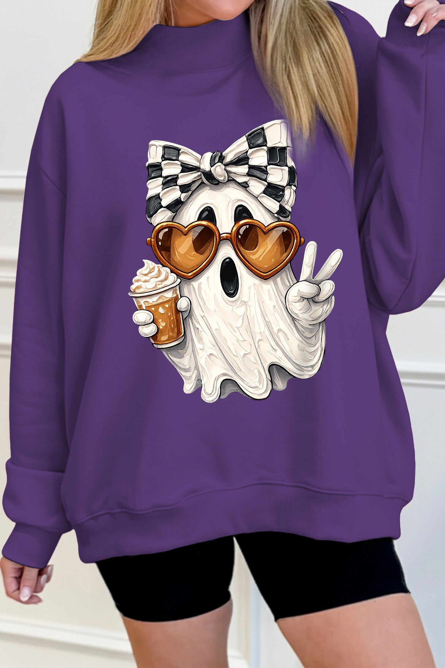 Tillandsia Purple Cute Ghost Print Pullover Mock Neck Sweatshirt