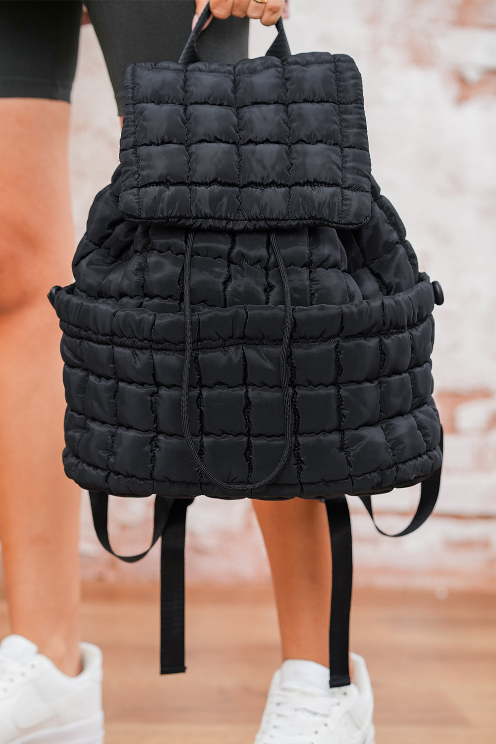 Medium Grey Solid Flapped Quilted Puffer Backpack